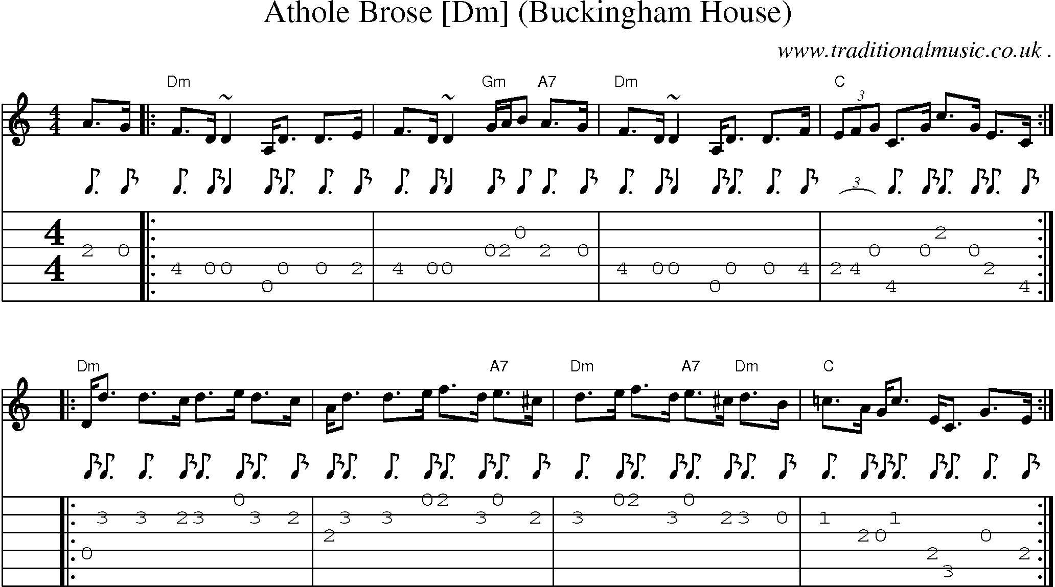 Sheet-music  score, Chords and Guitar Tabs for Athole Brose [dm] Buckingham House
